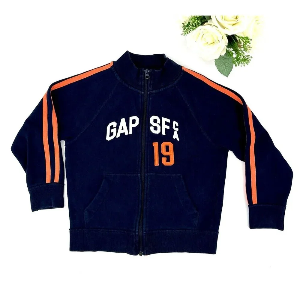 Gap Boys Fleece Varsity Jacket Size Small 6/7 Navy Orange Full Zip Pockets